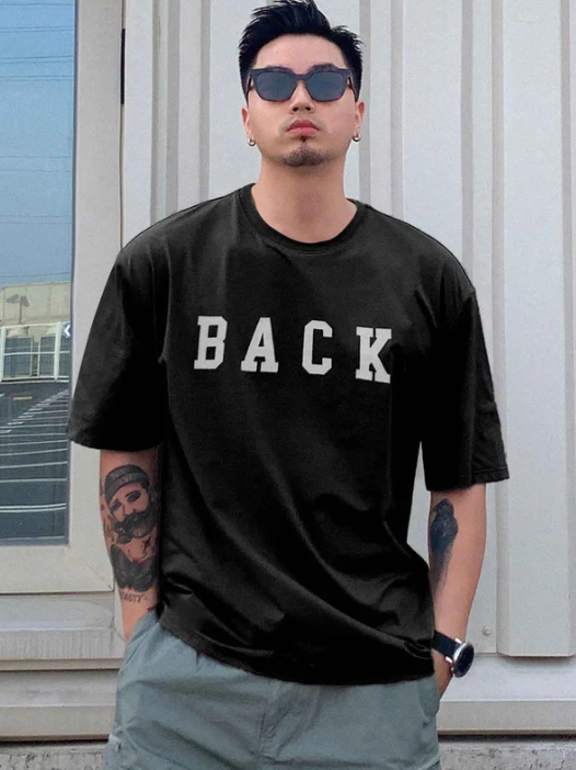 Drop Shoulder Print T-Shirt - Back Design Black
