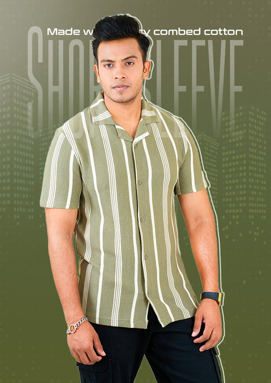 Waffle Stripe Short Sleeve Shirt - Resort collar - Olive